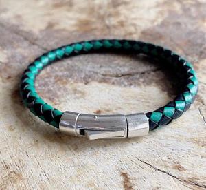 Mens Green Black Leather and Sterling Silver <b>Bracelet</b> Unique Handmade Collection - Product Image 1