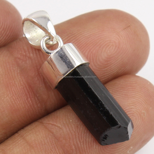 Natural High Rhodium Polished Black Tourmaline Stick Gem 925 Sterling Silver Unisex <b>Pendant</b> Necklace for All Occasions - Product Image 1