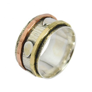 Véritable Texture Trois Tons 925 Argent Spinner Anneau Bijoux Solide À La Main Marteau Éternité Vermeil Anneaux Pour Cadeau - Product Image 1