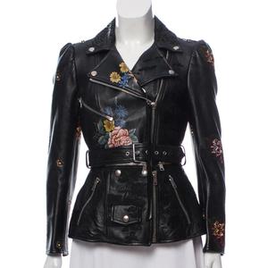 Veste en cuir de motard avec broderie magnifique, doublure en nylon satiné et rivets décoratifs, perles et lettres, respirante - Product Image 1