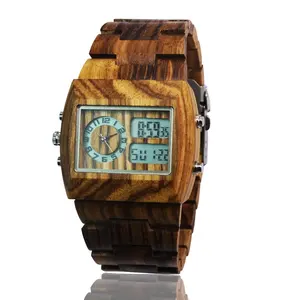 LED Display Analog Digital Rectangle Wood Quartz Men Watches with Stop Watch Auto Date Alarm Week Display