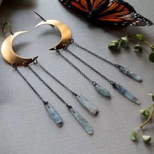 Wholesale <b>Gold</b>-Plated Brass Moon Design <b>Hoop</b> Earrings Natural Rough Kyanite Gemstone for Parties Anniversaries Engagements - Product Image 1