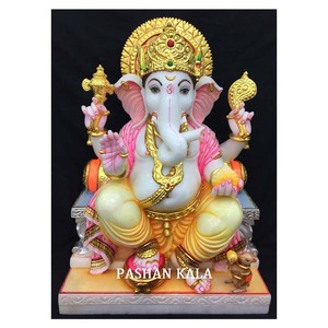 Estatua de Ganpati sentado, mármol blanco, colorida - Product Image 1