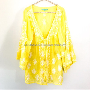 Perfect Elegant Stunning Yellow White Embroidery Front Tie Drawstring Wide Bell Sleeves <b>Swim</b> Women Cover up Kimono Wrap Caftan - Product Image 4