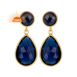 Designer Yellow Gold Plated Silver Earrings Blue Corundum Gemstone Earrings Jewelry Manufacture - Product Image 1