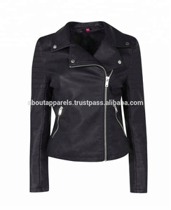 Chaqueta de cuero de oveja con cremallera para mujer, chaqueta de motorista de manga larga a la moda de alta calidad, color negro - Product Image 4