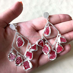 Pendientes de Botón Colgantes de Latón con Aleación de Níquel Libre, con Dije de Rubí Natural, Diseño de Piedras Preciosas, para Mujer, Bodas, Compromisos, Regalo para Fiestas - Product Image 3