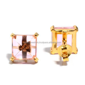 Pendientes de plata de ley 925 con gema de cuarzo rosa, pendientes de tuerca vermeil dorados - Product Image 2