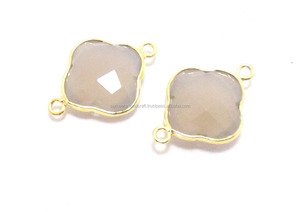 24K chapado en oro hermosa Calcedonia gris 12X12mm facetado trébol bisel piedra de nacimiento Boho conector para joyería de declaración - Product Image 4