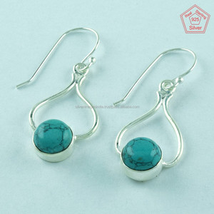 Boucles d'oreilles en pierre de turquoise ronde bleu verdâtre PrettyDesign Turquoise 925 Bijoux en argent sterling faits à la main Fournisseur indien - Product Image 2