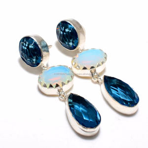925 <b>Silver</b> Natural <b>Blue</b> Topaz Gemstone Designer Bezel Setting Studs <b>Silver</b> <b>Earrings</b> - Product Image 1