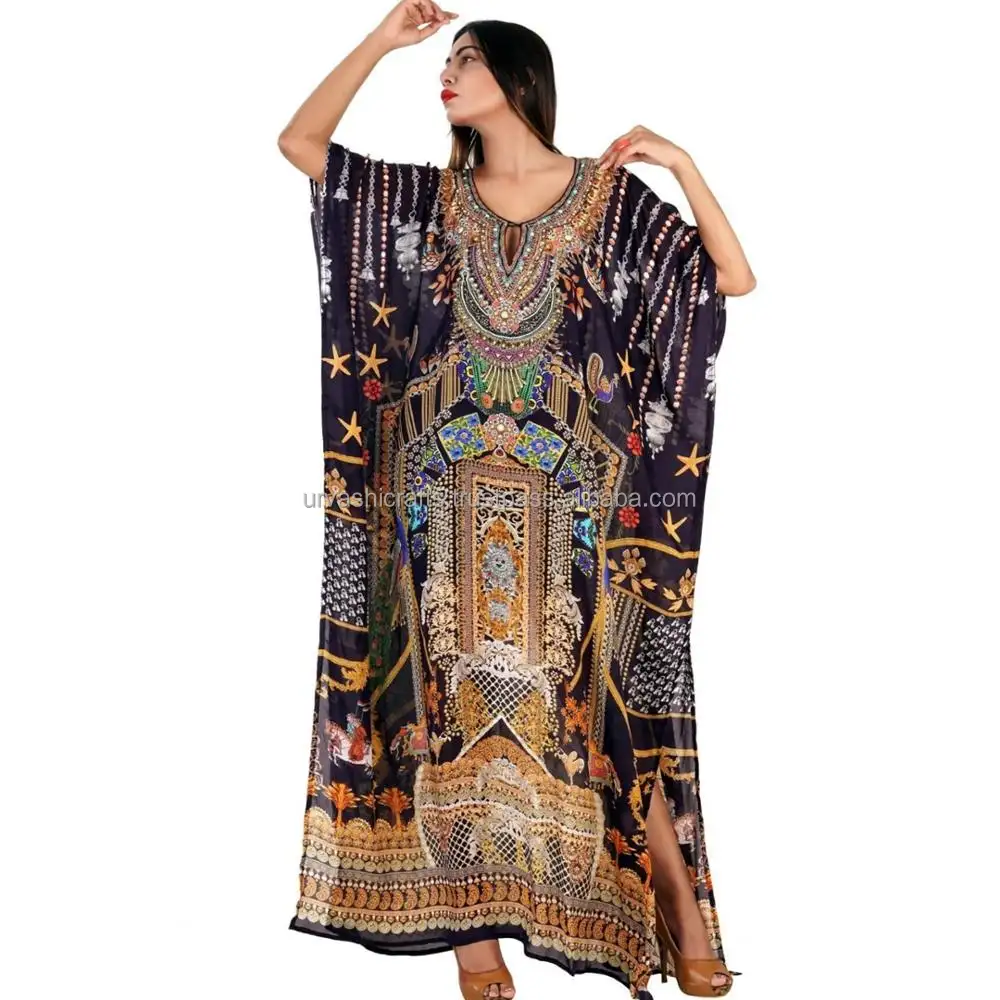 Caftan traditionnel à imprimé numérique en 3D, Georgette, avec trou de clé, beau motif de cou, 100%