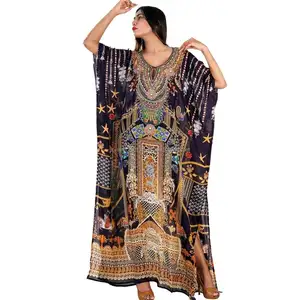 Tradizionale 3D Digitale Stampato Kaftan 100% Georgette Con Buco Della Serratura Modello Collo Bella Caftano