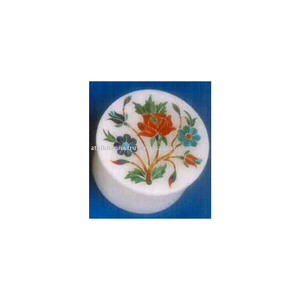 Boîte à bijoux en marbre poli de forme ronde avec incrustation florale - Product Image 1