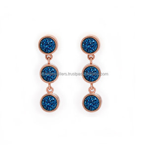 Boucles d'oreilles en argent sterling 925 bleu Druzy pierres précieuses or vermeil pour fête de mariage ou cadeau - Product Image 2