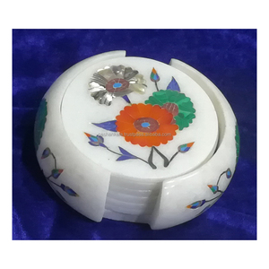 Fabriqué par l'Inde blanc marbre nacre incrustation sous-verre ensemble forme ronde fleur conception utilisée pour la cuisine et la décoration de la maison - Product Image 1