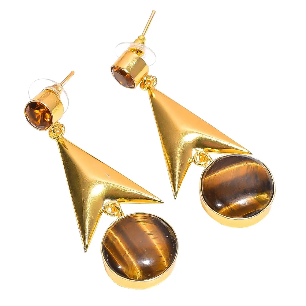 Good Looking Round Shape Tiger Eye Citrine Gemstone Brass Earrings, Gold Plated Brass Jewelry, Handmade Gold Brass Jewelry