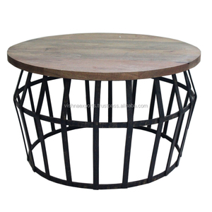 Mesa de centro redonda moderna, muebles de sala de estar con parte superior de madera y base de metal para uso doméstico - Product Image 1