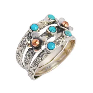 Natural Two Tone 925 Sterling Silver Turquoise Stone Ring Handmade Fashion Jewelry Supplier And Exporter