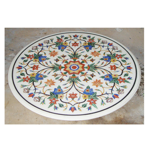 <b>Round</b> <b>White</b> Marble Inlay <b>Table</b> Top - Product Image 1