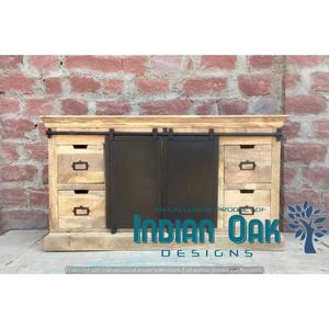 Aparador de almacenamiento de roble macizo de 3 cajones de diseño antiguo, Metal de hierro industrial y vintage y madera de mango para comedor, muebles para el hogar - Product Image 1