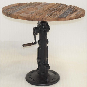 Mesa de comedor urbana moderna de estilo Loft Industrial, Base de elevación manual de hierro fundido con parte superior redonda de madera vieja para uso en cafetería doméstica al aire libre - Product Image 6