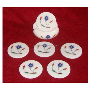 Handmade Natural <b>White</b> Marble Round Shape Customize Inlaid Design Tea <b>Coaster</b> Set For Home Decoration - Product Image 1