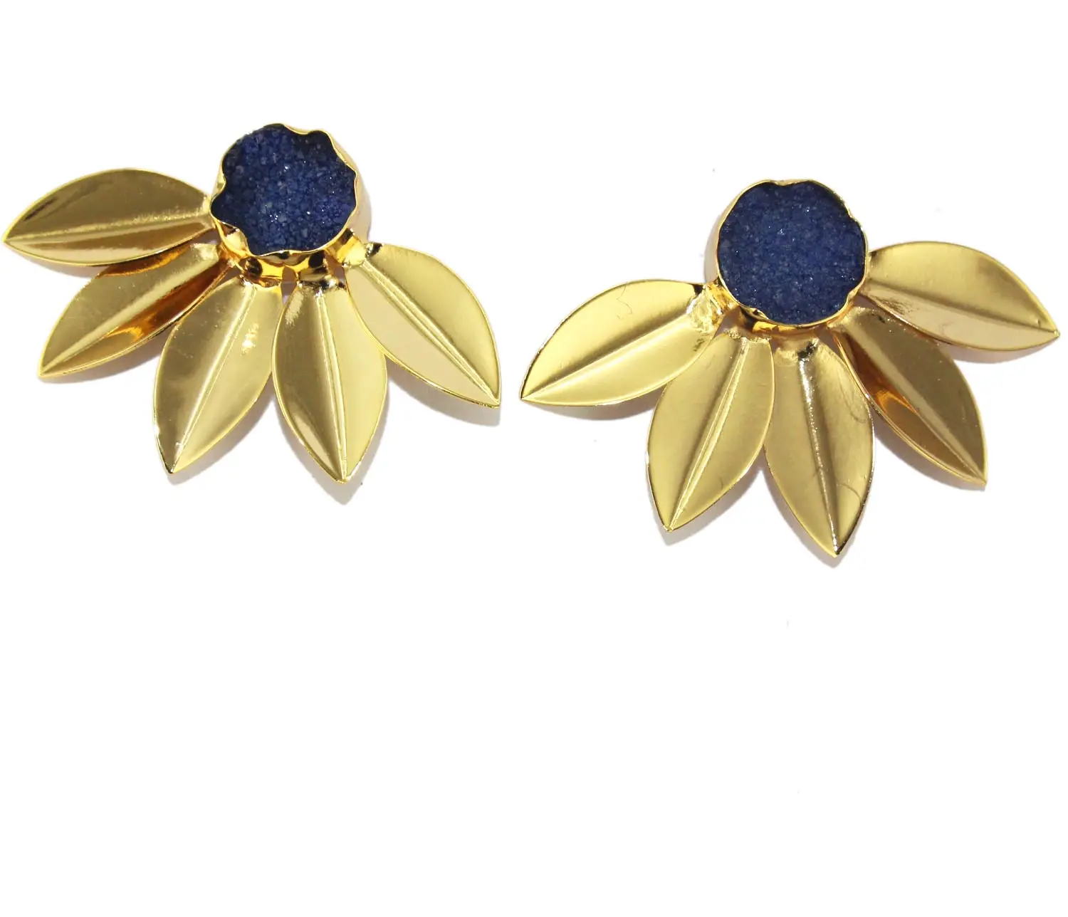 Grossista da Jaipur Natural Blue Sugar Druzy Stud Earring 24k Gold Plated Floral Style Round Gemstone For Women Wear Earring