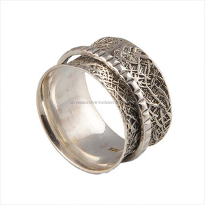 Anillo giratorio clásico hecho a mano de plata 925 con diseño abstracto, banda multimetálica de cobre y latón, ancho, para meditación y antiestrés - Product Image 1