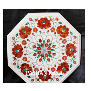 Plateaux de table à thé en marbre blanc avec incrustation de fleurs rouges - Product Image 1