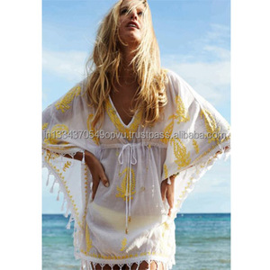 Bohemian Tassels Hem Empire-Line Sheer ผ้าฝ้ายสีขาวเซ็กซี่ Kaftan กับ Elasticated เอวและตัดสีเหลืองเย็บปักถักร้อย - Product Image 5