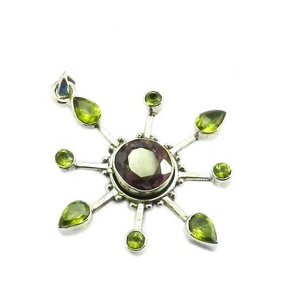 Prix de gros 925 Sterling Silver Fine Jewelry Naturel Tourmaline Péridot Multi Gemstone Pendentif Vintage Style Rhodium Placage - Product Image 1