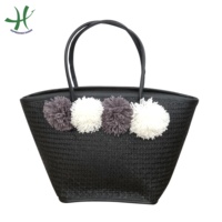 Tas Tote Anyaman Seagrass Bohemian Cantik Buatan Tangan untuk Wanita, Warna Natural, Tas Belanja Harian dengan Pompom