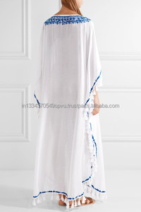 Cache-maillot bohémien avec broderies, bleu, en rayonne, blanc, vêtements de plage, Bikini, caftan Long, style bohémien, '60s - Product Image 3