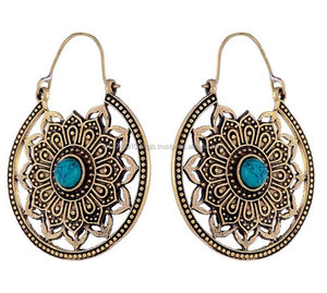 Tribal Boho Brass <b>Hoop</b> Earring with Semi-Precious Stone <b>Floral</b> Pattern and Diamond for Wedding Party Engagement or Gift - Product Image 2