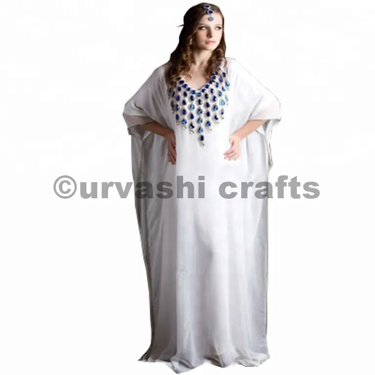 Cristal fait à la main, mariage, kaftan dubaï, abaya, élégante musulmane, couleur blanche, cafetan marocain, Georgette, 100%