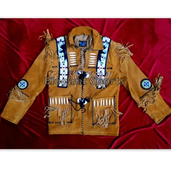 Men's Brown Traditional Western Leather Jacket coat With Fringe Beads