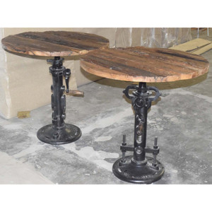 Mesa de comedor urbana moderna de estilo Loft Industrial, Base de elevación manual de hierro fundido con parte superior redonda de madera vieja para uso en cafetería doméstica al aire libre - Product Image 2