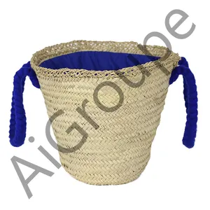 Moroccan Fashionable Wicker Handmade Storage Basket with Blue handle and linen interior perfect for picnic and Shopping