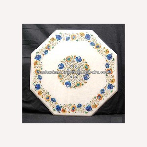Table en marbre blanc avec incrustation de fleurs, dessus de table basse en Pietra Dura - Product Image 1