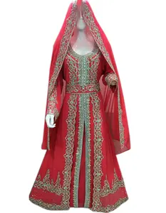 Alta qualidade frisado jalabia kaftan marroquino kaftan dubai farasha marroquino kaftan árabe vestido de noiva bordado vermelho