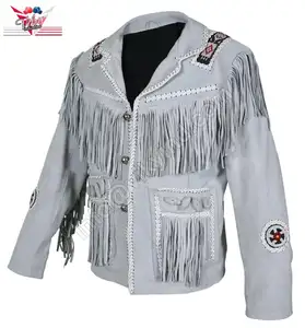 Top Quality in Low Price <b>Men</b> White Western Style Fringes Cowboy <b>Suede</b> Leather <b>Jacket</b> - Product Image 1