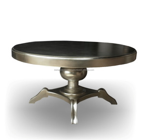 Table à manger ronde en bois massif, meuble couleur acajou, avec feuilles argentées - Product Image 1
