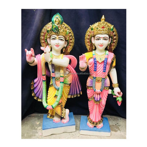 Sculpture de Dieu et de Déesse Radha Krishna en marbre blanc peinte à la main et colorée pour la décoration de la maison - Product Image 1