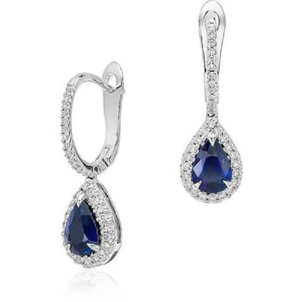 Sapphire Stone With White Diamond Studded Hoop-Drop Earring In White Gold