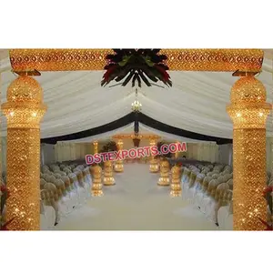 Puertas de bienvenida de cristal dorado para boda, pilares de Metal para puerta de entrada, elegante, fabricante de puertas de bienvenida para boda