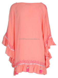 Hot Coral Lurex Yarn Embroidery Shell Tassels & Lace Decor V Neck Ruffle Edges Slightly Translucent Rayon Boho <b>Lady</b> Beach <b>Poncho</b> - Product Image 2