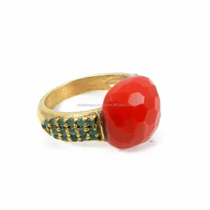 Synthetic red coral & green zircon gemstone gold plated designer handmade pave set ring (us size)