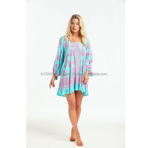 La mayoría de las ventas estilo bohemio ajuste relajado bordado Resort Kaftan túnica Vestido corto Casual manga larga con decoración de pompón - Product Image 1