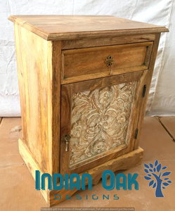 Mesita de noche tallada en madera, 1 cajón, 1 puerta, mesita de noche, mango, muebles Jodhpur - Product Image 3